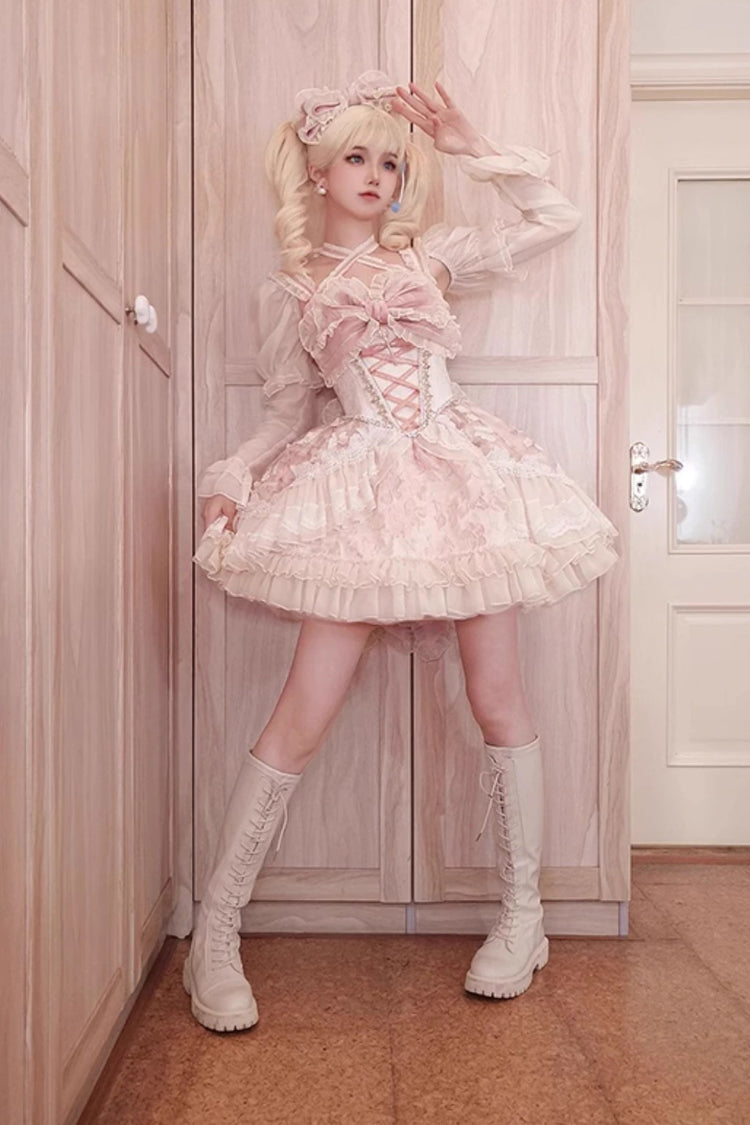 Pink Print Ruffle Cardigan Bow Lace Fishbone Sweet Lolita Gown - Lilibet