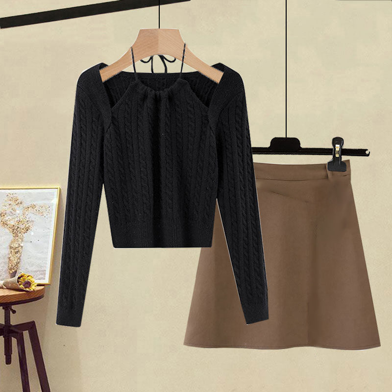 Pure Color Knit Sweater PU Skirt Set