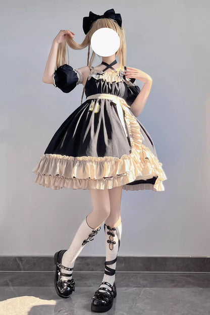 High-Waisted Asymmetric Ruffled Bowknot Gothic JSK