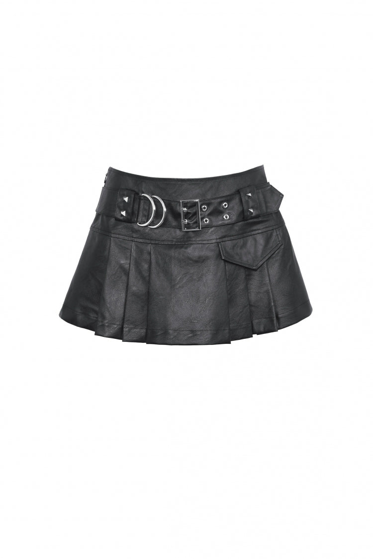 Pleated Punk Mini Skirt with Metal Belt Buckle in Black Faux Leather