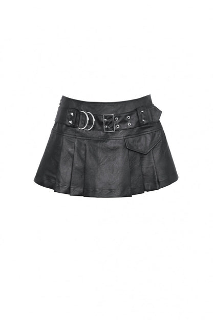 Pleated Punk Mini Skirt with Metal Belt Buckle in Black Faux Leather