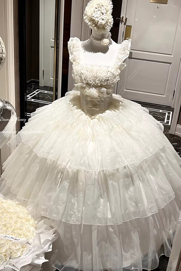 Mousse Serenade Triple-Layered Ruffled Hanayome Bow Lace Sweet Princess Lolita Strapless Dress in Beige