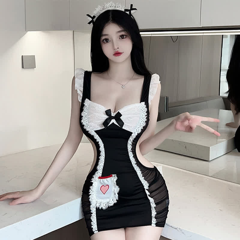 Elegant Maid Hollow Out Lace Lingerie Dress