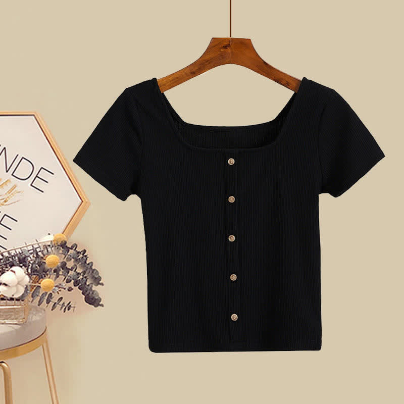 Set Pure T-Shirt Skirt Color Collar Print Sqaure Floral