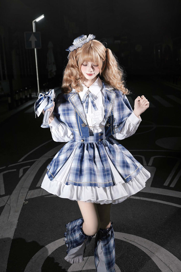 Lapel Long Sleeve Double Printed Ruffled Bow Japanese Lolita Skirt Set