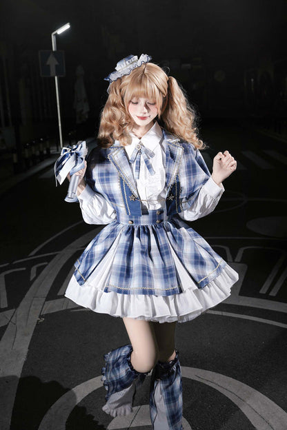 Lapel Long Sleeve Double Printed Ruffled Bow Japanese Lolita Skirt Set