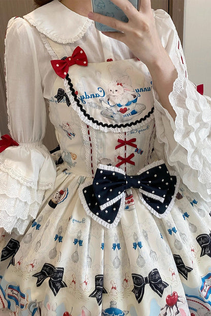 Mystery Rabbit Tea Party Sleeveless Print Ruffle Bowknot Lace Sweet Lolita JSK Dress in Beige