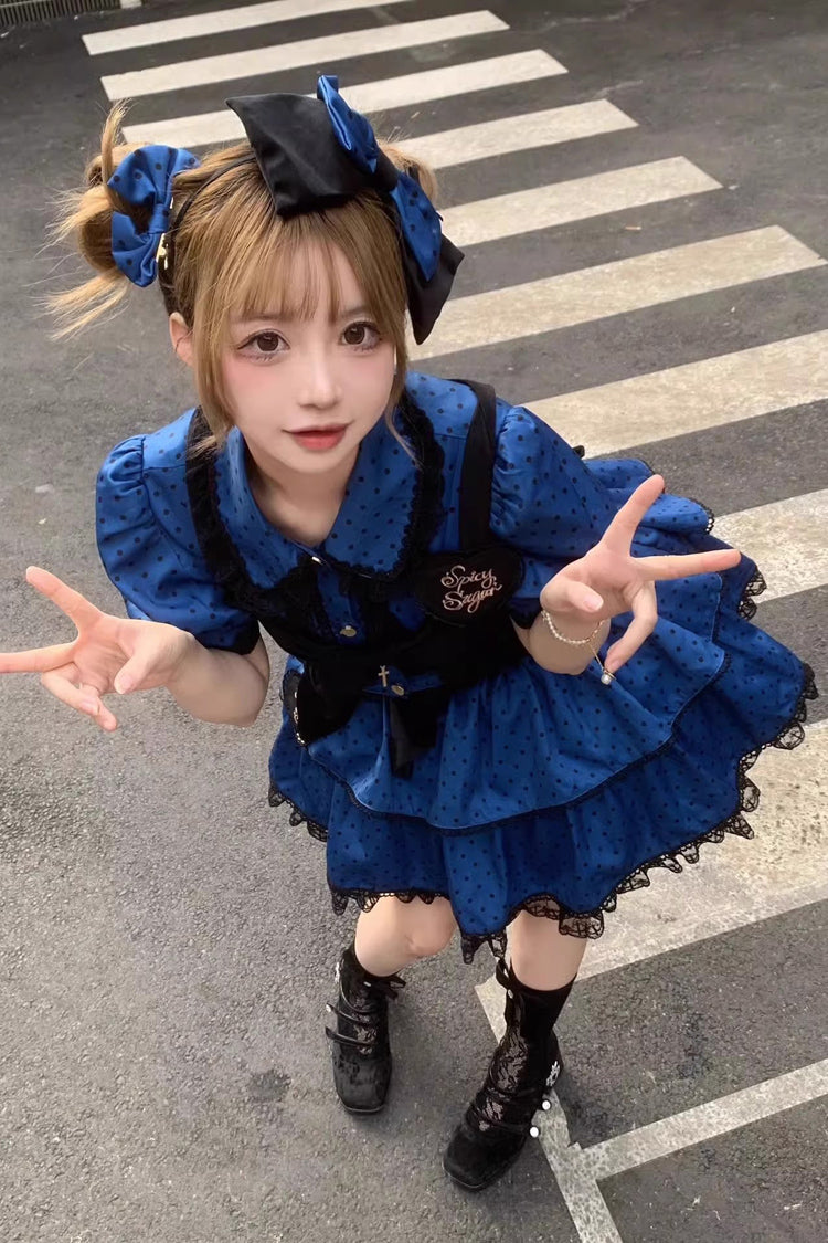 Blue Black Multi-Layer Polka Dot Print Bowknot Princess Sweet Lolita Skirt Set
