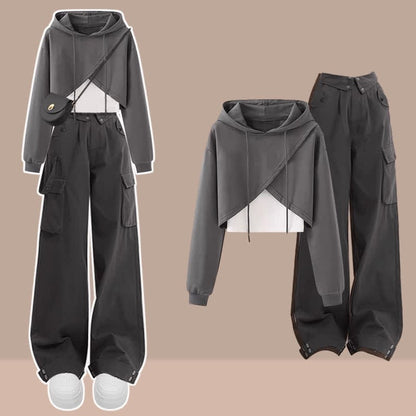 Cross Hoodie Top Crop Chic Pockets Cargo Tank Pants