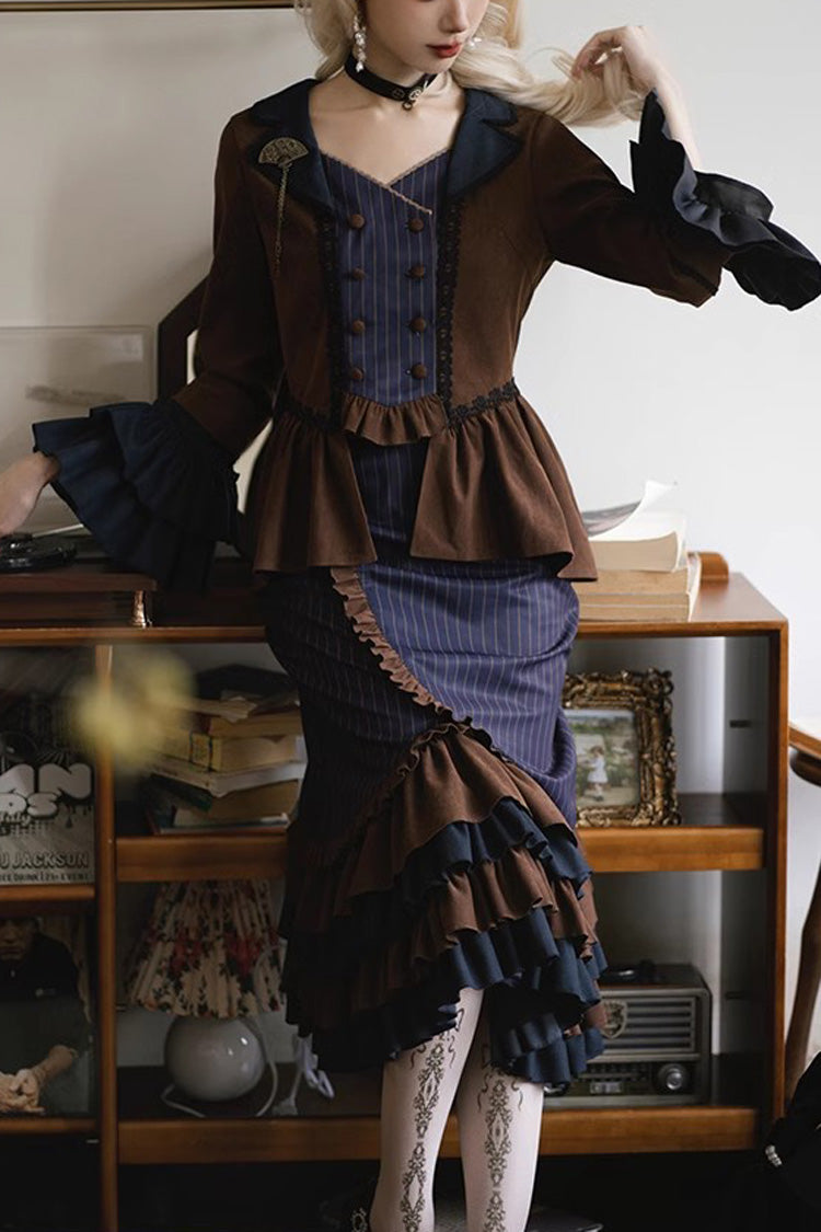 Blue Brown Time Traveler Long Sleeves Multi-Layer Print Ruffle Punk Mermaid Skirt Set
