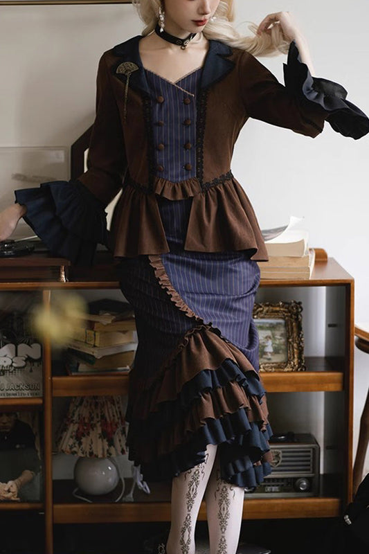 Blue Brown Time Traveler Long Sleeves Multi-Layer Print Ruffle Punk Mermaid Skirt Set