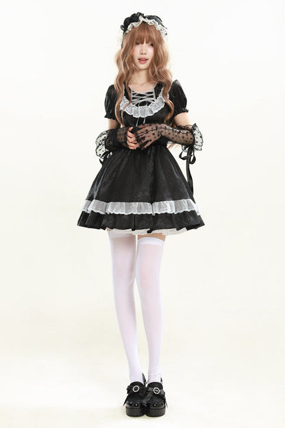 Lapel Collar Jacquard Ruffled Lace Gothic Dress