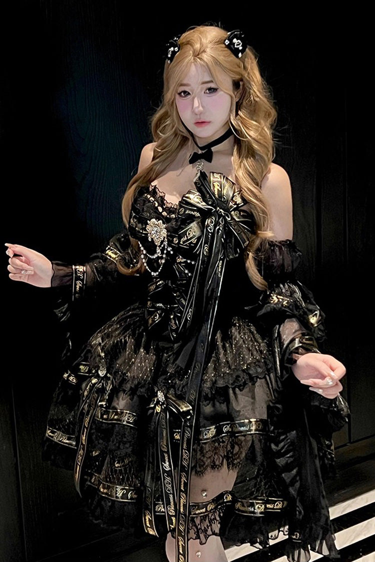Sleeveless Gothic Princess Dress with Double Ruffled Bow and Pearls - Golden Obsidian Night