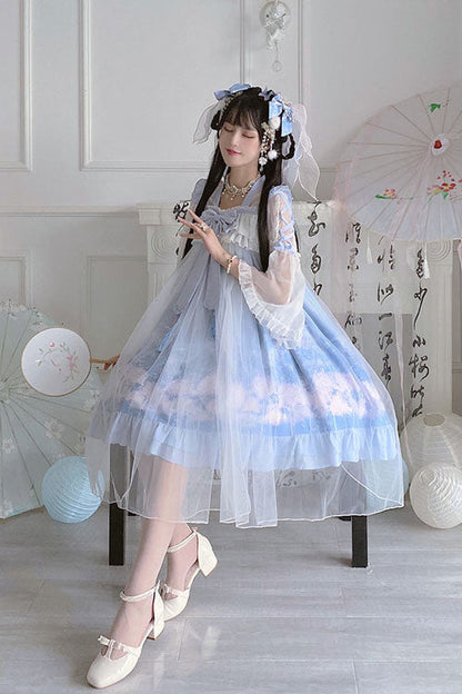 Blue Sweet Lolita Dress Jellyfish Print Bowknot Chinese Style - Altfashion Shop