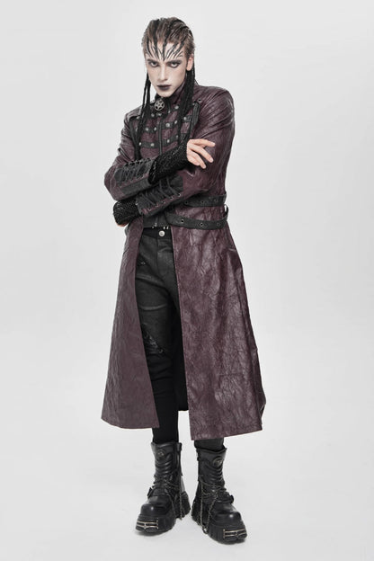 Crimson Mandarin Collar Zip Strap Eyelet Men's Punk Coat