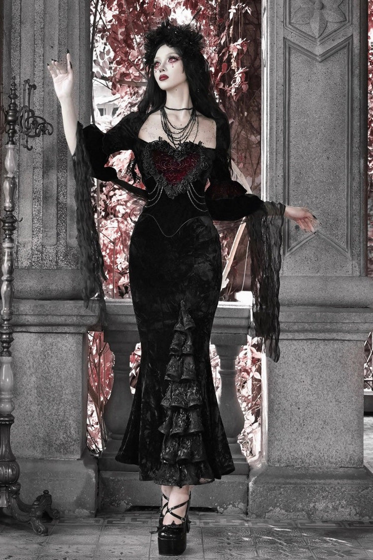 Square Collar Gothic Mermaid Dress with Multi-Layered Ruffled Embroidery - Castle of Dark Romance
