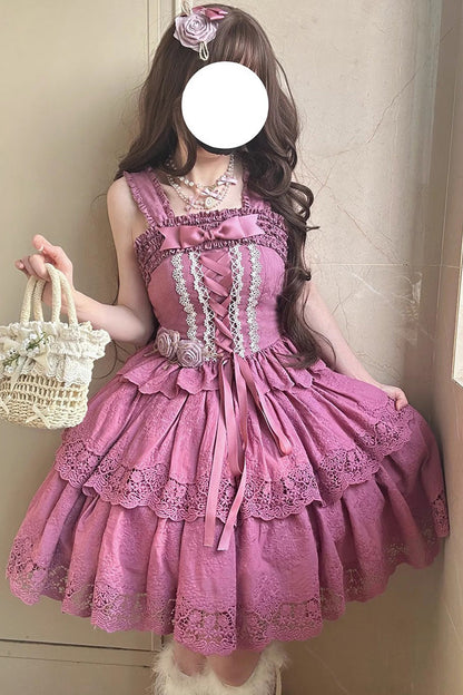 Sweet Elegant Lolita Suspender Top with Embroidery Bowknot and Lace-Up