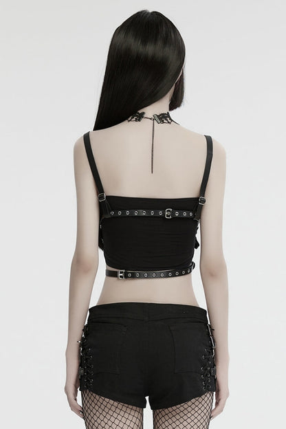 Cutout Ring Punk Crop Top in Stitched Black Faux Leather for Women