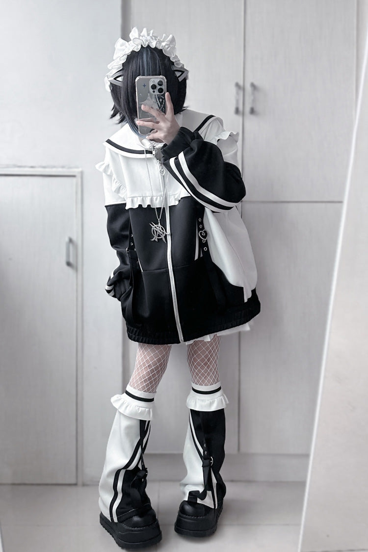 Ruffle Color Block Zipper Coat Three Shades