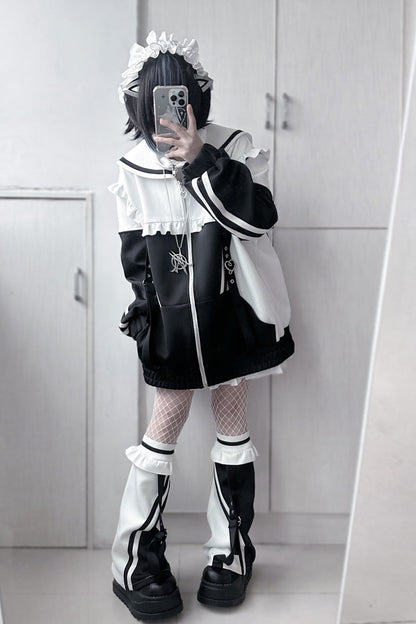 Ruffle Color Block Zipper Coat Three Shades