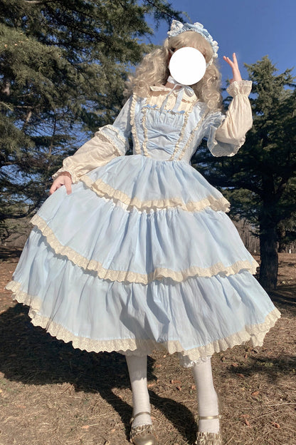 Blue Lapel-Collar Long-Sleeved High-Waisted Multi-Layer Bow-Trim Sweet Lolita Dress
