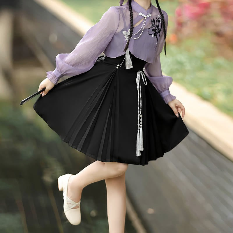 3D Butterfly Pearl Slip Top Dress Lace-up Decor