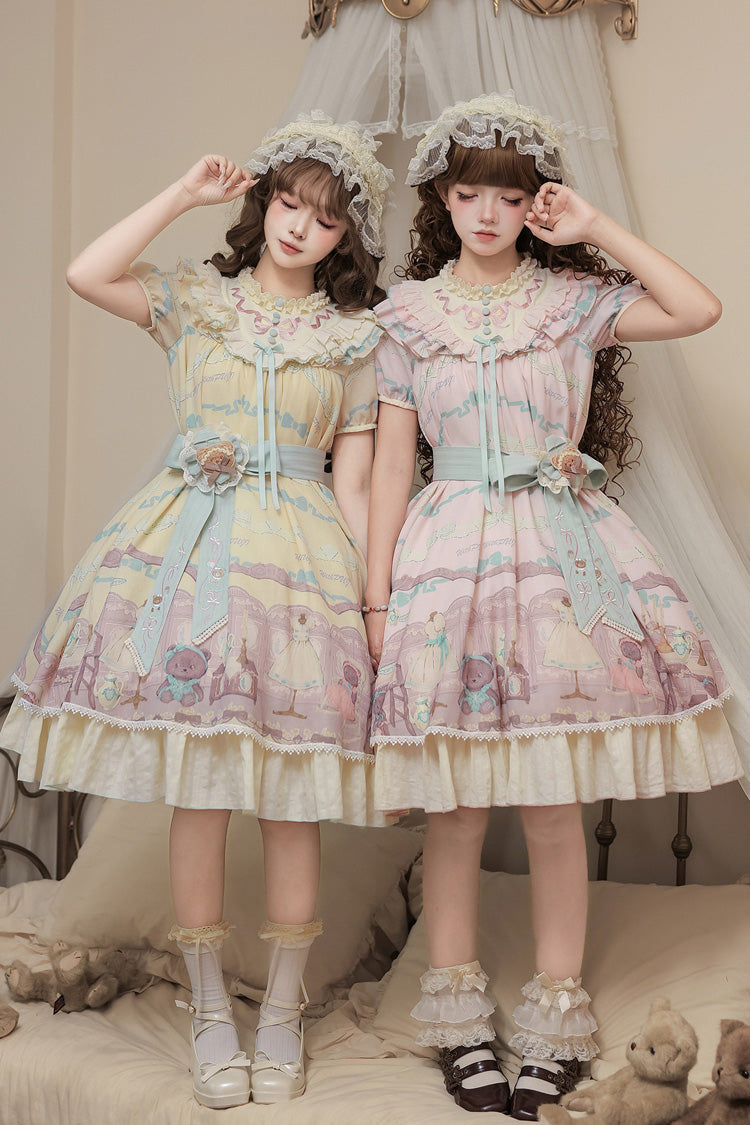 Sunny Short-Sleeve Bear Printed Ruffled Bow Dress Ensemble