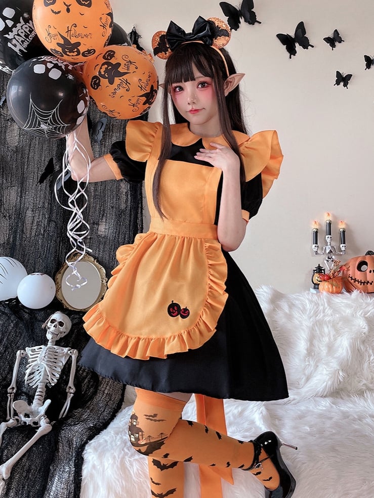 Halloween Black and Orange Pumpkin Maid Dress Costume