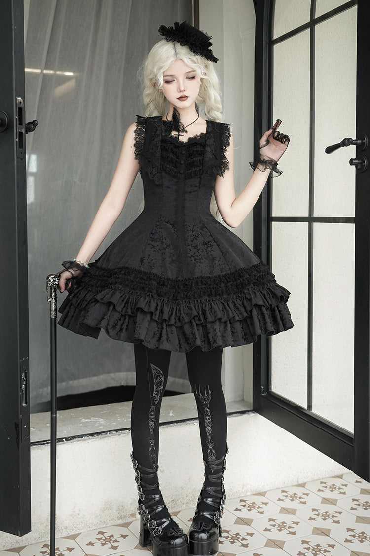 Double-Layered Striped Printed Gothic Jumper Dress with Jacquard Ruffles - Escape