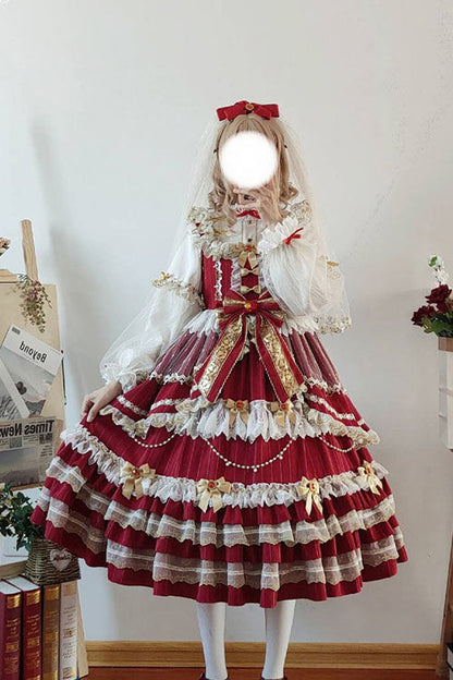 Wine Ruffled JSK Dress Sweet Lolita Multi-Layer Bowknot - Altfashion Shop