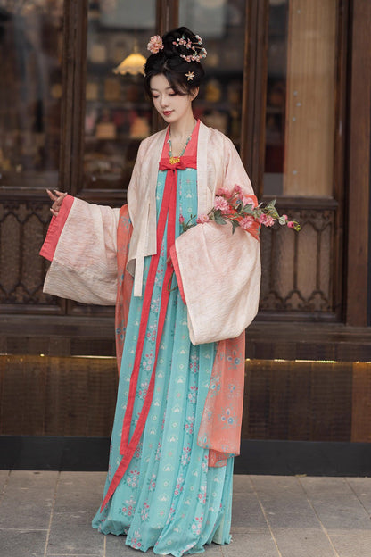 Emerald Peach Blossoms and Spring Long Sleeves Print Embroidery Classic Hanfu Dress