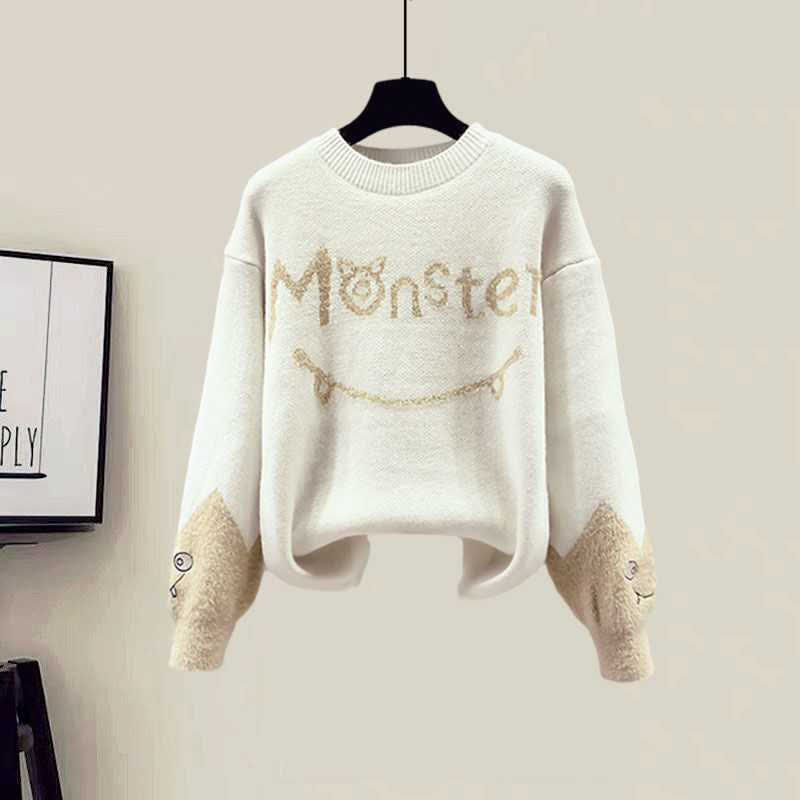 Pullover mit Monster-Buchstaben, Fleeceweste, lässiges Hosen-Set