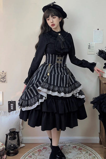 Black Manor Multi-layer Striped Ruffle Gothic Lolita Skirt