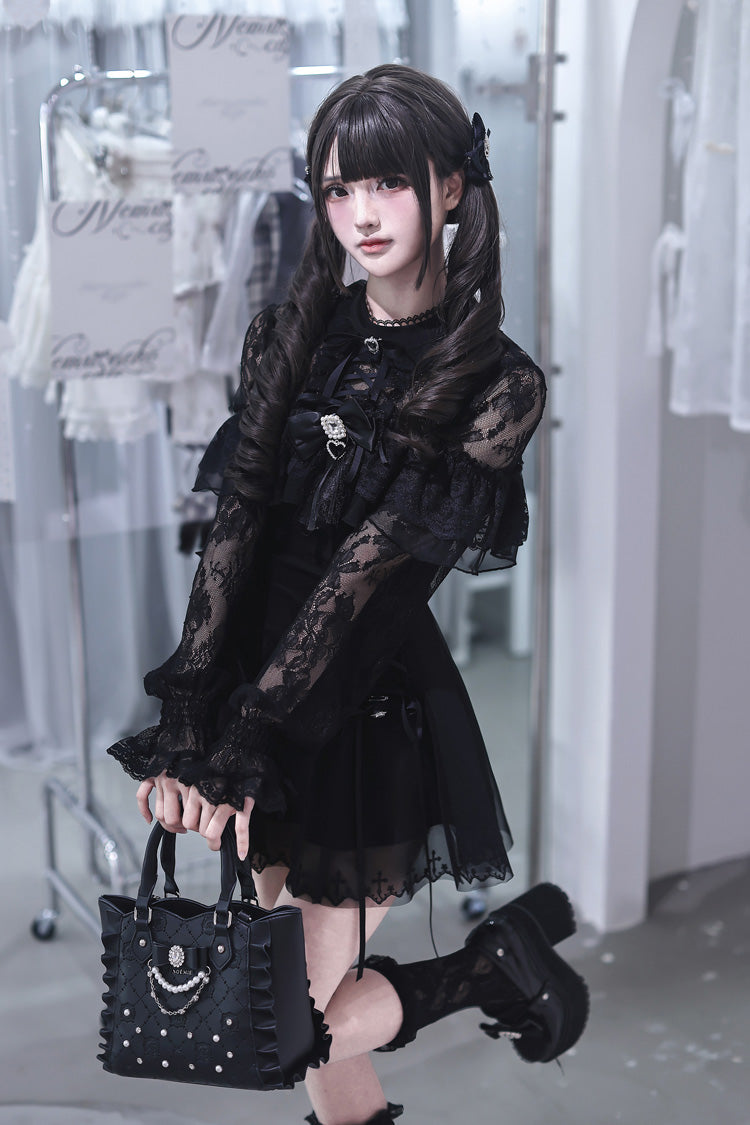 Lace Doll Round Collar Long Sleeves Ruffled Cut-Out Embroidered Bow Lace Gothic Jirai Kei Japanese Dress