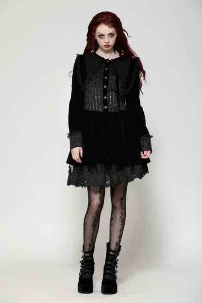 Obsidian Lace Velvet Mini Dress with Long Sleeves