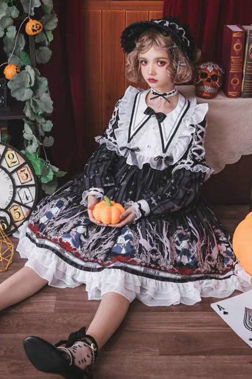 Black Gothic OP Dress Lolita College Style Round Collar Long Sleeves - Altfashion Shop