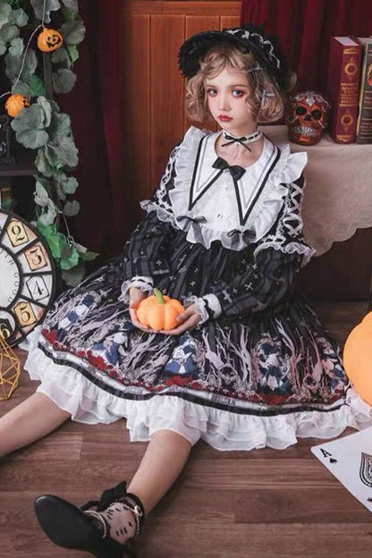 Black Gothic OP Dress Lolita College Style Round Collar Long Sleeves - Altfashion Shop