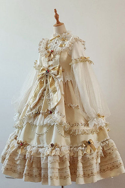 Gold Hanayome Sweet Lolita JSK with Bow and Multi-Layer Ruffles