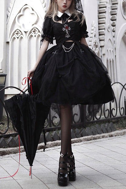 Black Rose Embroidered Gothic Lolita Dress Set with Cutout Top