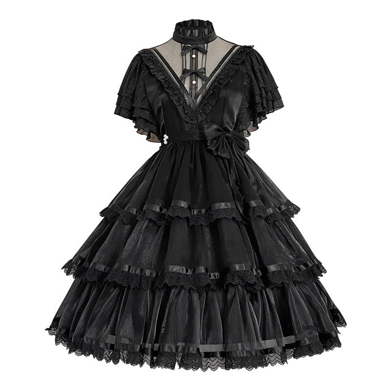 Robe Lolita élégante à col haut et nœud en dentelle