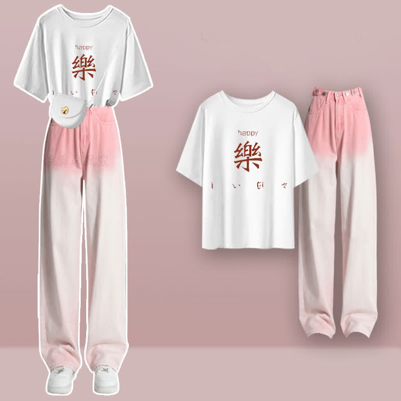 Letter Print T-Shirt Gradient Color Denim Pants Set