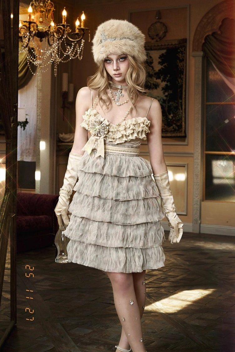 Slavic Noble Lady Sleeveless Multi-Layered Ruffled Bow Sweet Elegant Lolita JSK Dress in Beige