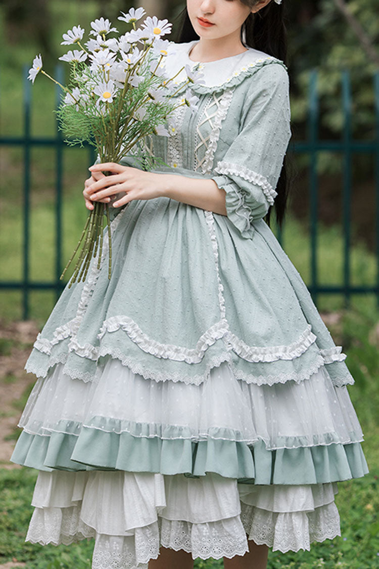 Green Sweet Lolita OP Dress with Doll Collar and Lace Ruffled Layers