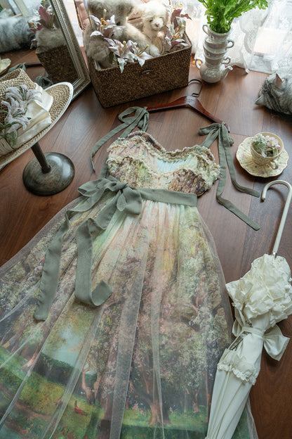 Emerald Oil Painting Spring Sleeveless Print Ruffle Bowknot Lace Sweet Lolita JSK
