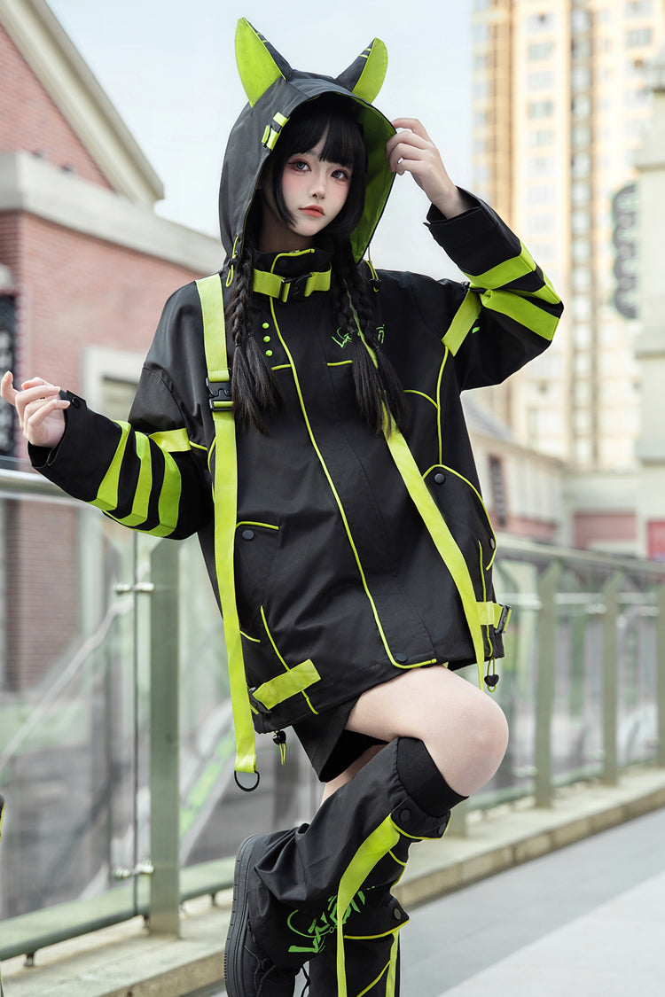 Cat Ear Hooded Jirai Kei Long Sleeve Coat in Yellow Green Black