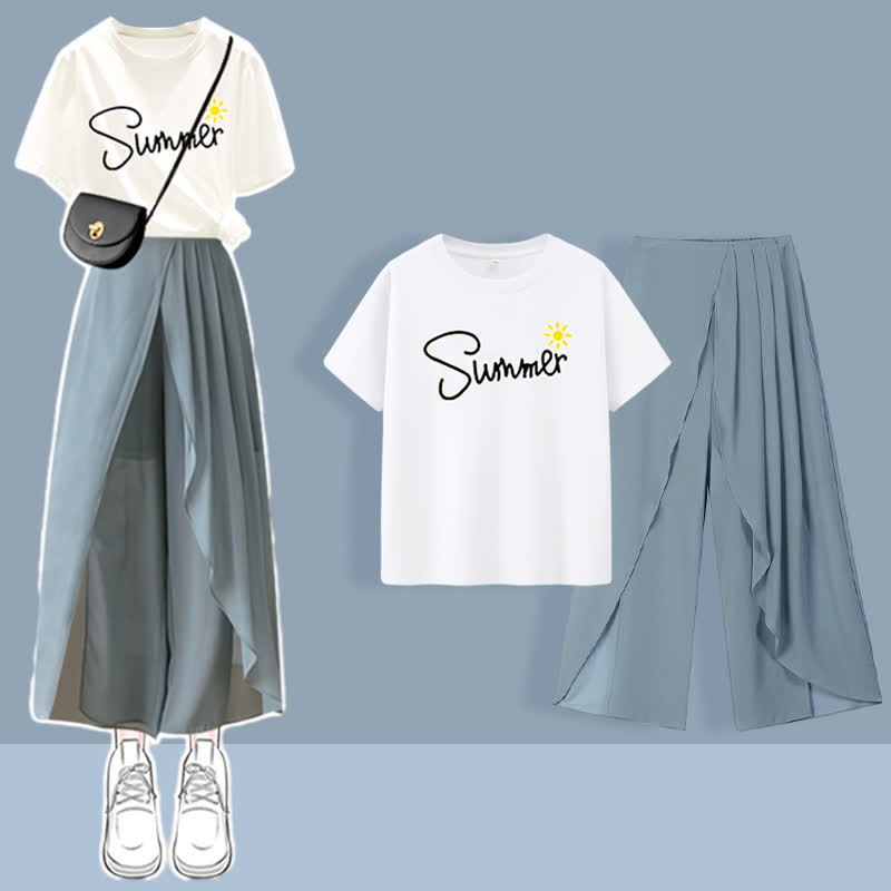 Pleated Split T-Shirt Pants Printed Set Chiffon