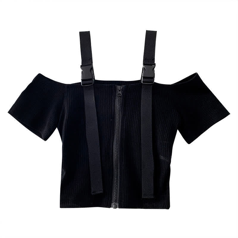 Black Cool Buckle Strap Zipper Crop Top Belted Pleated Skirt