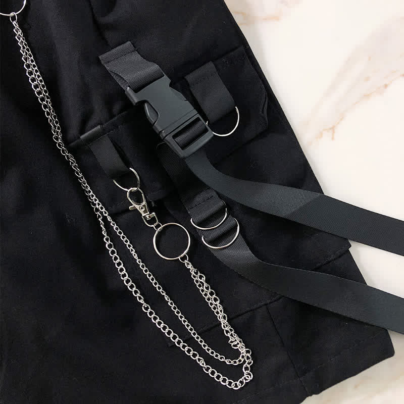 Black Buckle Pocket Vest T-Shirt Chain Cargo Shorts Pants