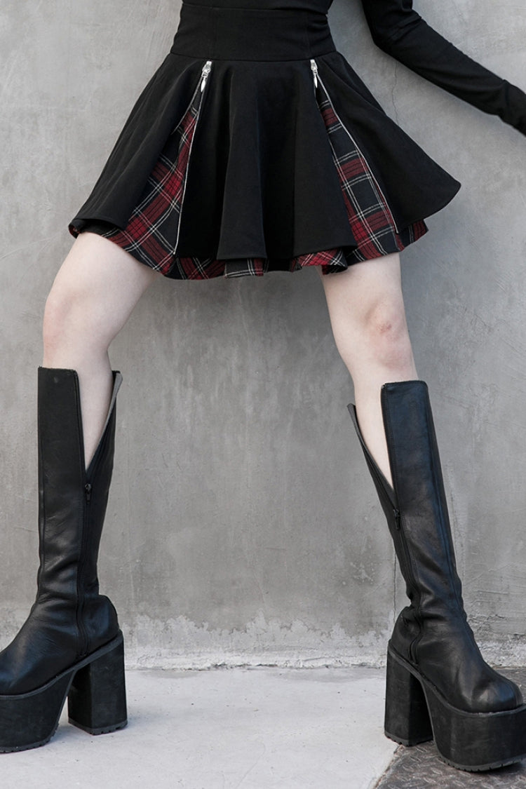 Red Plaid Pleated Skirt with Punk Attitude