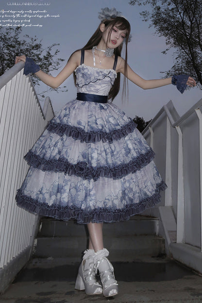 Multihued Layered Cloud Print Ribboned Lolita Jumper